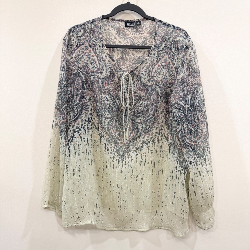 a.n.a Womens 1X Blouse Paisley Ombre Tassel Tie Crinkle Sheer Top Boho Peasant